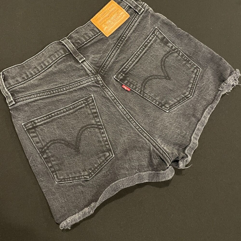 ~ Boho Jean Shorts Levi's 26 Big E Ribcage Button Fly Denim Black/Gray Cut Offs